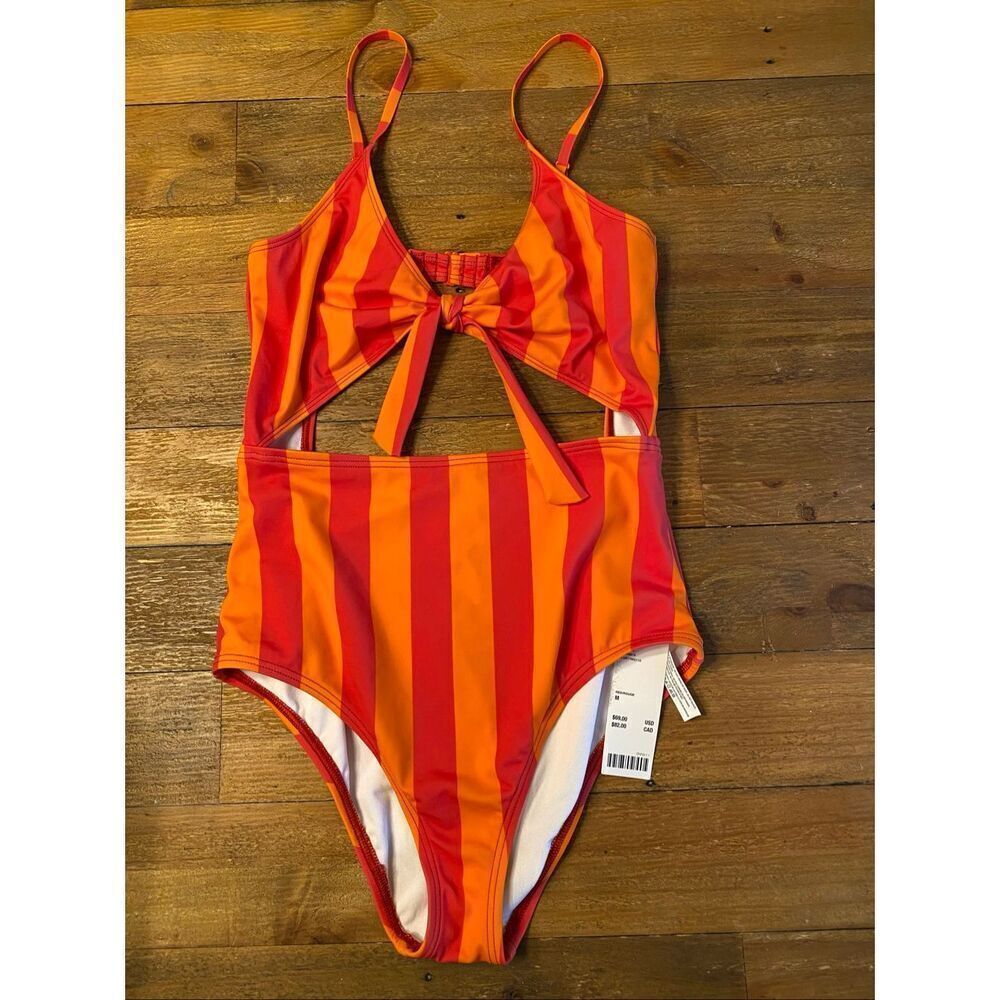 Urban Outfitters M NWT swimsuit one piece orange striped cutout sexy monokini - Picture 5 of 11
